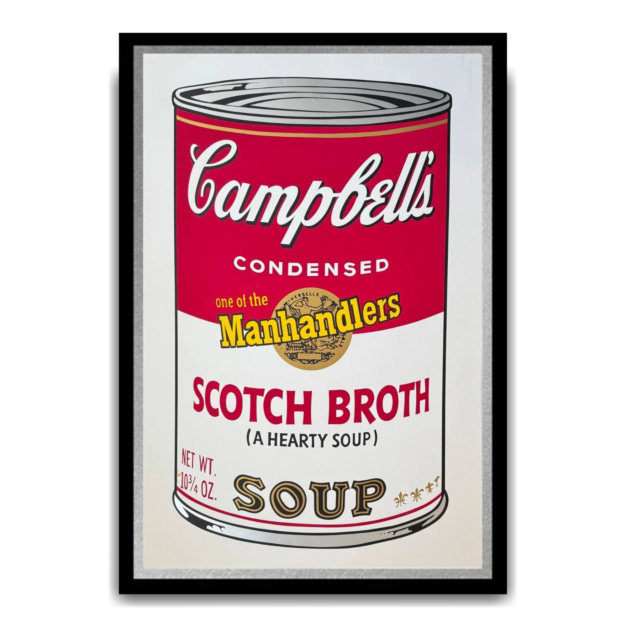 Framed artwork of a Campbell's Soup can with 'Manhandlers' branding.